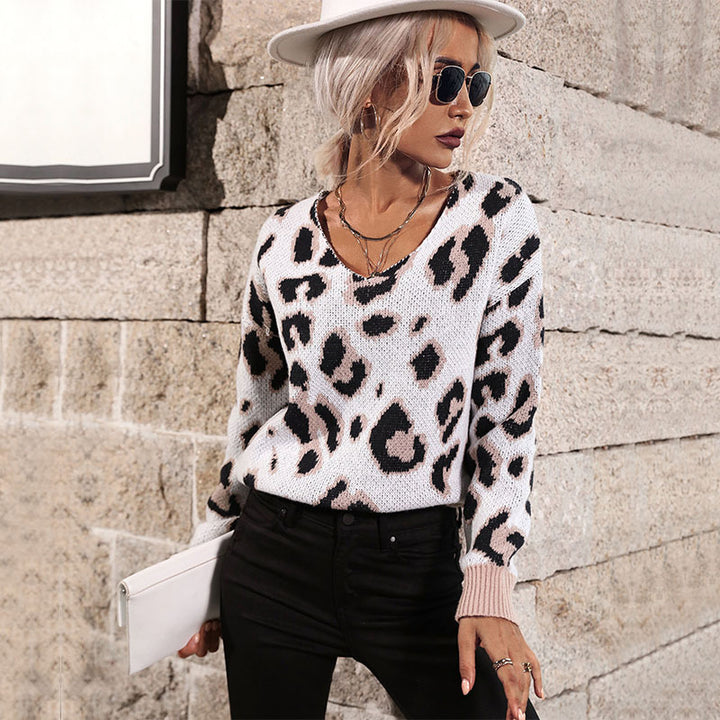 Women Casual Knit Sweater with Leopard Pattern Mune Fashion