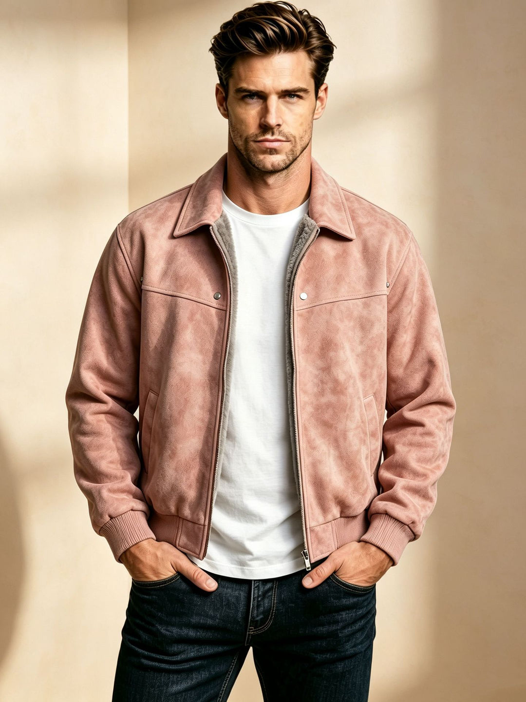 Men's Stylish Leather Jacket with Classic Collar