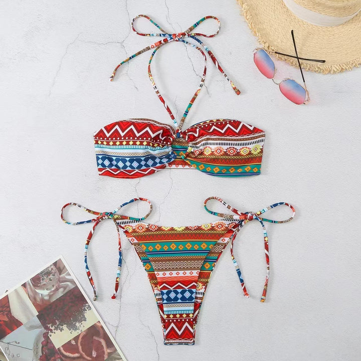 Women's bikini set with playful tie band and geometric pattern Mune Fashion