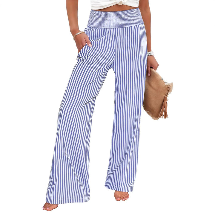 Women's Striped Palazzo Pants with High Ruffled Waist and Wide Leg Mune Fashion