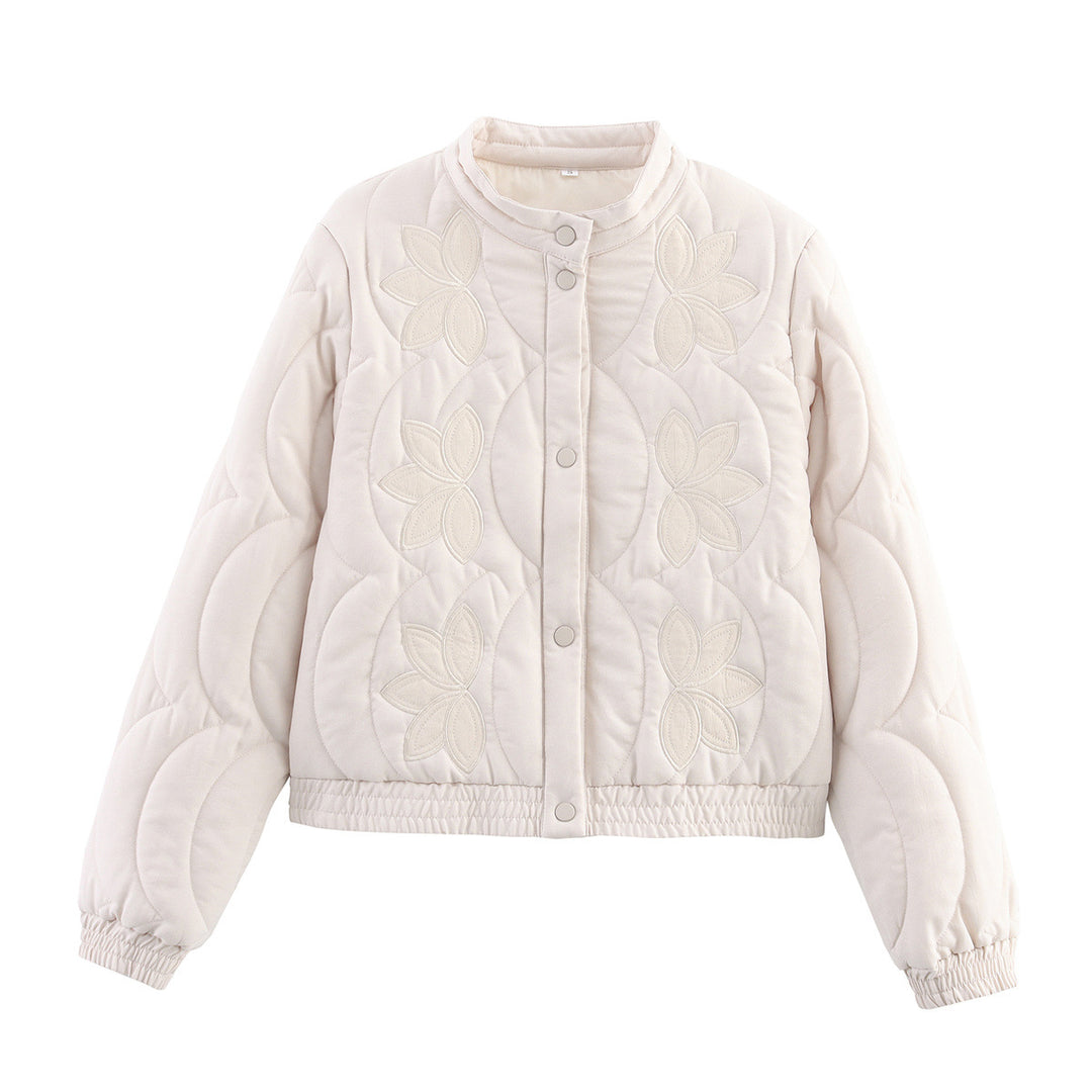 Women Short Quilted Blouson with Floral Quilted Application, Stand-up Collar and Elastic Waistband Mune Fashion