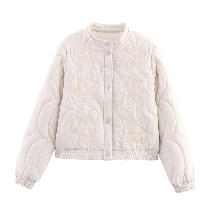 Women Short Quilted Blouson with Floral Quilted Application, Stand-up Collar and Elastic Waistband Mune Fashion