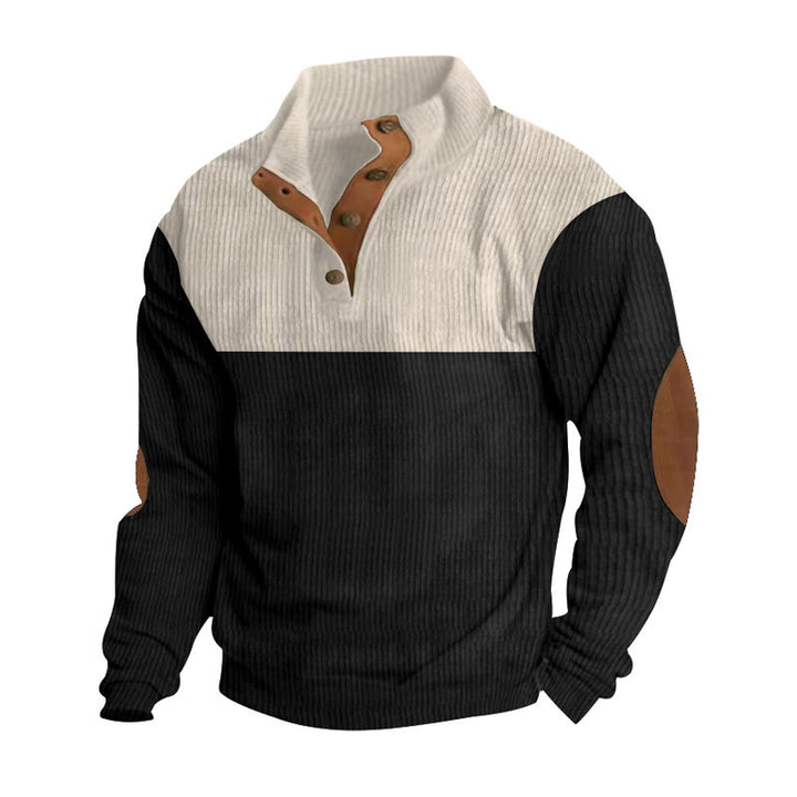 Men's rustic ribbed pullover with Henley collar and leather-like elbow patches Mune Fashion