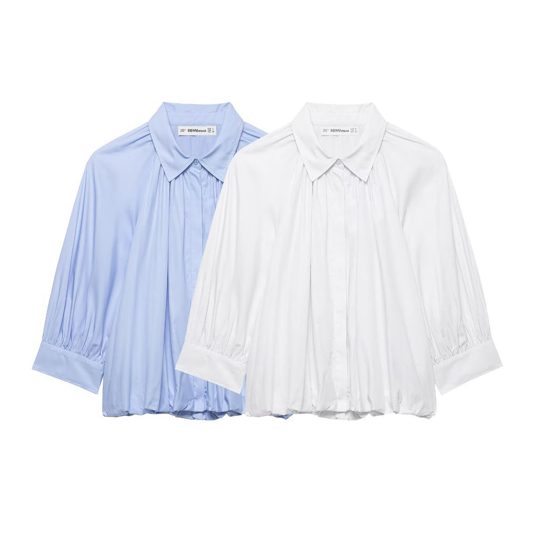 Women's Oversize Shirt Blouse with Pleats, Balloon Sleeves and Ruffled Hem Mune Fashion