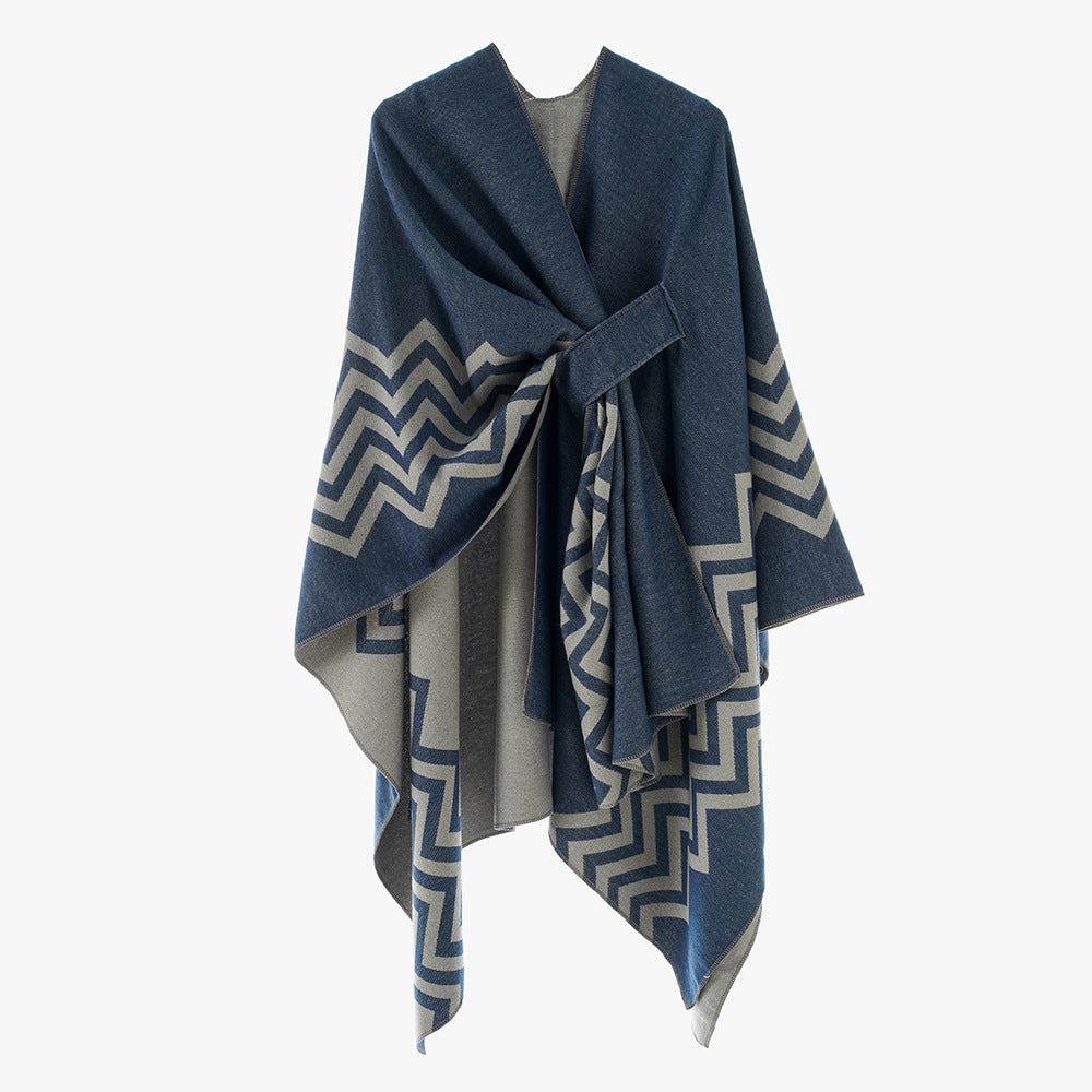 Women's Oversize Rectangle Cape with Jacquard Zigzag Pattern and Ties Belt Mune Fashion
