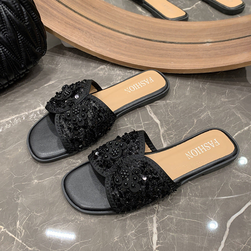 Women's elegant mule with square toe section bouclé upper material and pearl embellishment Mune Fashion