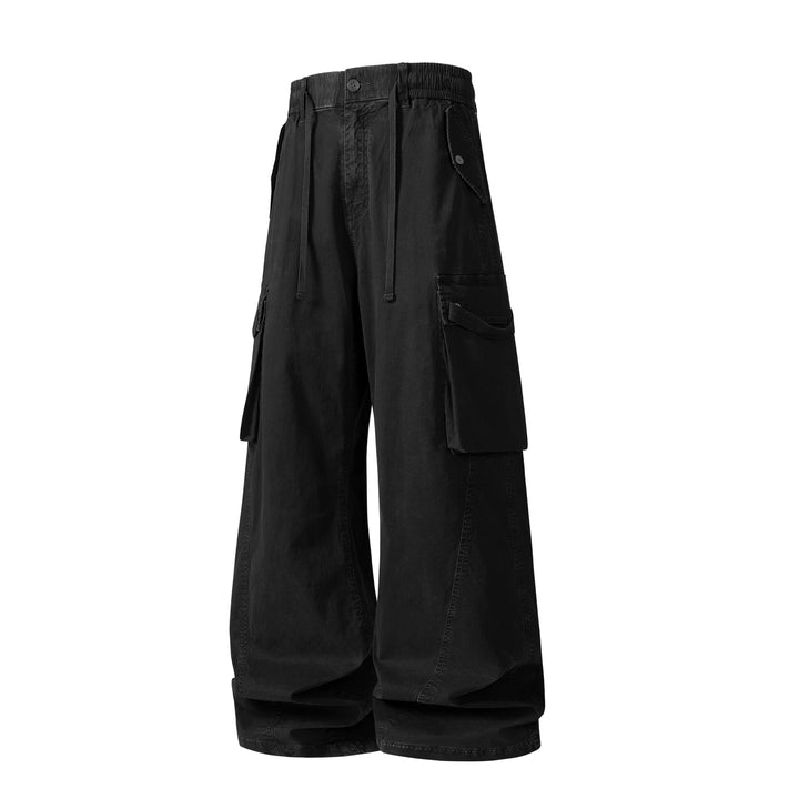 Men's Loose Cargo Pleated Pants with Drawstring and Large Flap Pockets Drune