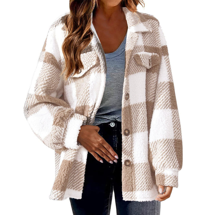 Women's cozy Sherpa check transitional jacket with chest pockets and generous oversized cut Mune Fashion
