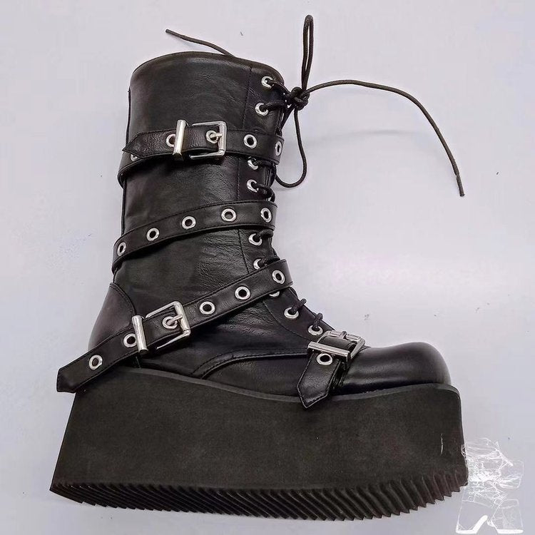 Women’s high-calf Gothic platform boots with multiple metal buckles, eyelets, and side zipper Mune Fashion