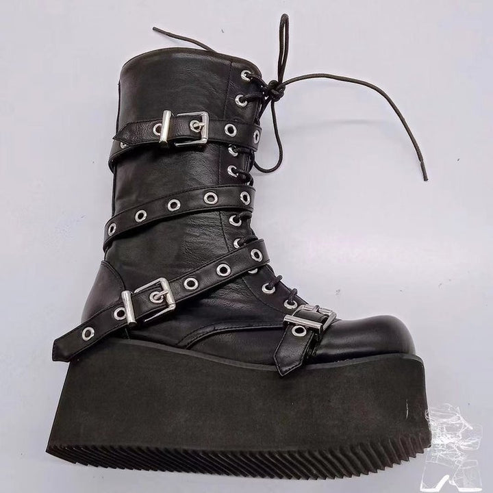Women’s high-calf Gothic platform boots with multiple metal buckles, eyelets, and side zipper Mune Fashion