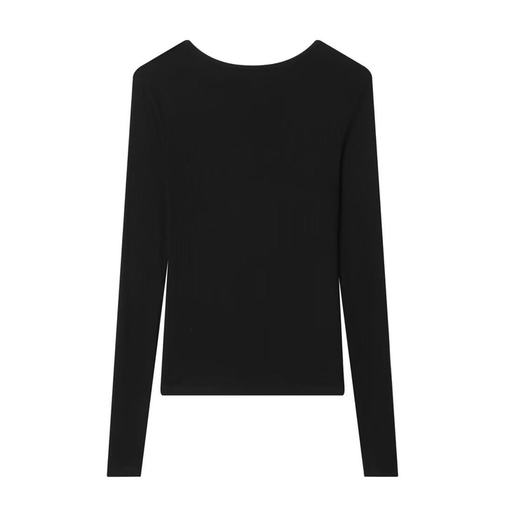 Women Fine Rib Structure Long Sleeve with Deep V-neck, Wide Lace Trim and Decorative Ribbon Mune Fashion