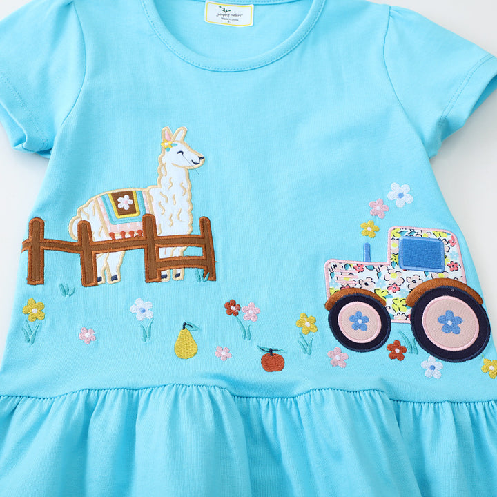 Girls Tulle Dress with Playful Llama and Tractor Design Mune Fashion