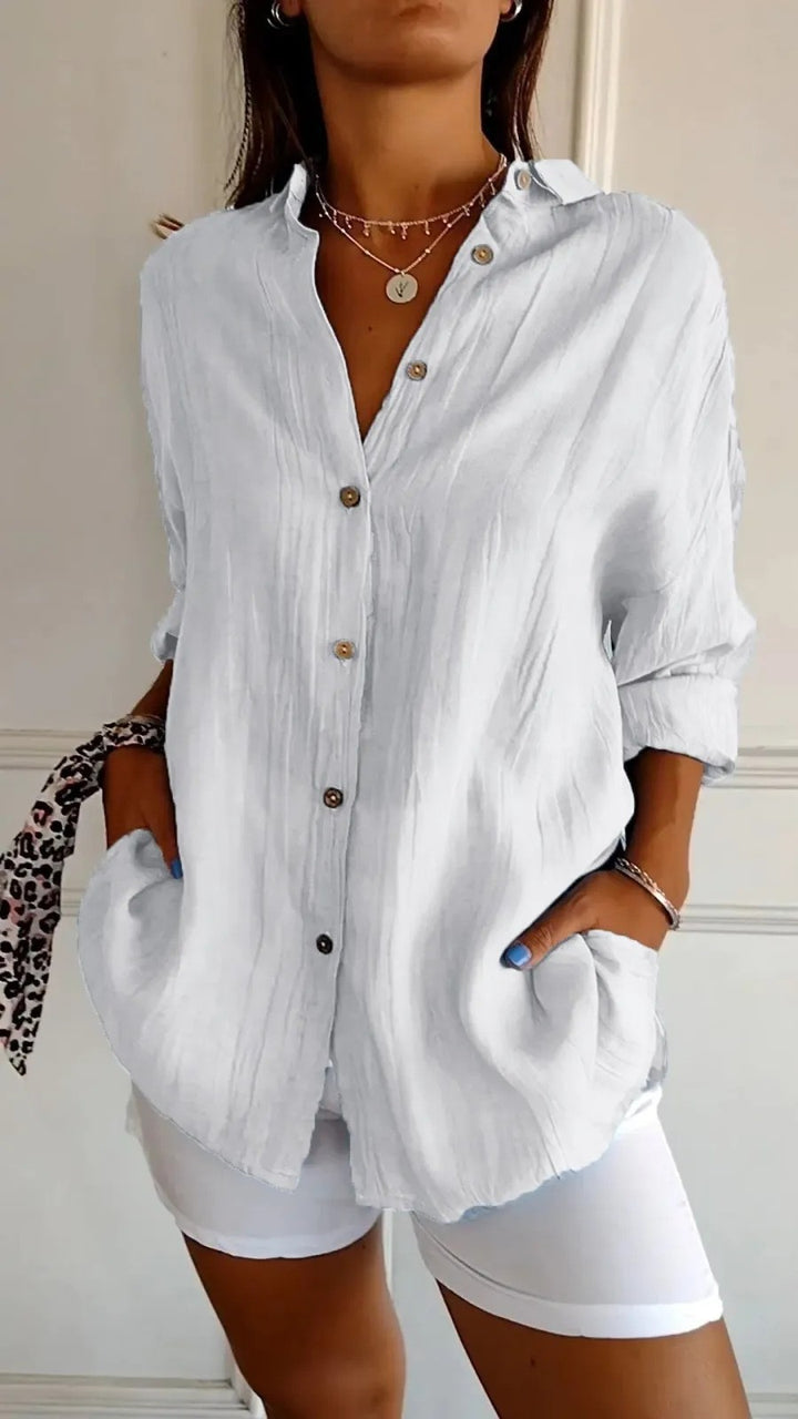 Women's Loose Crinkle Shirt with Pockets and Rolled-Up Sleeves Mune Fashion