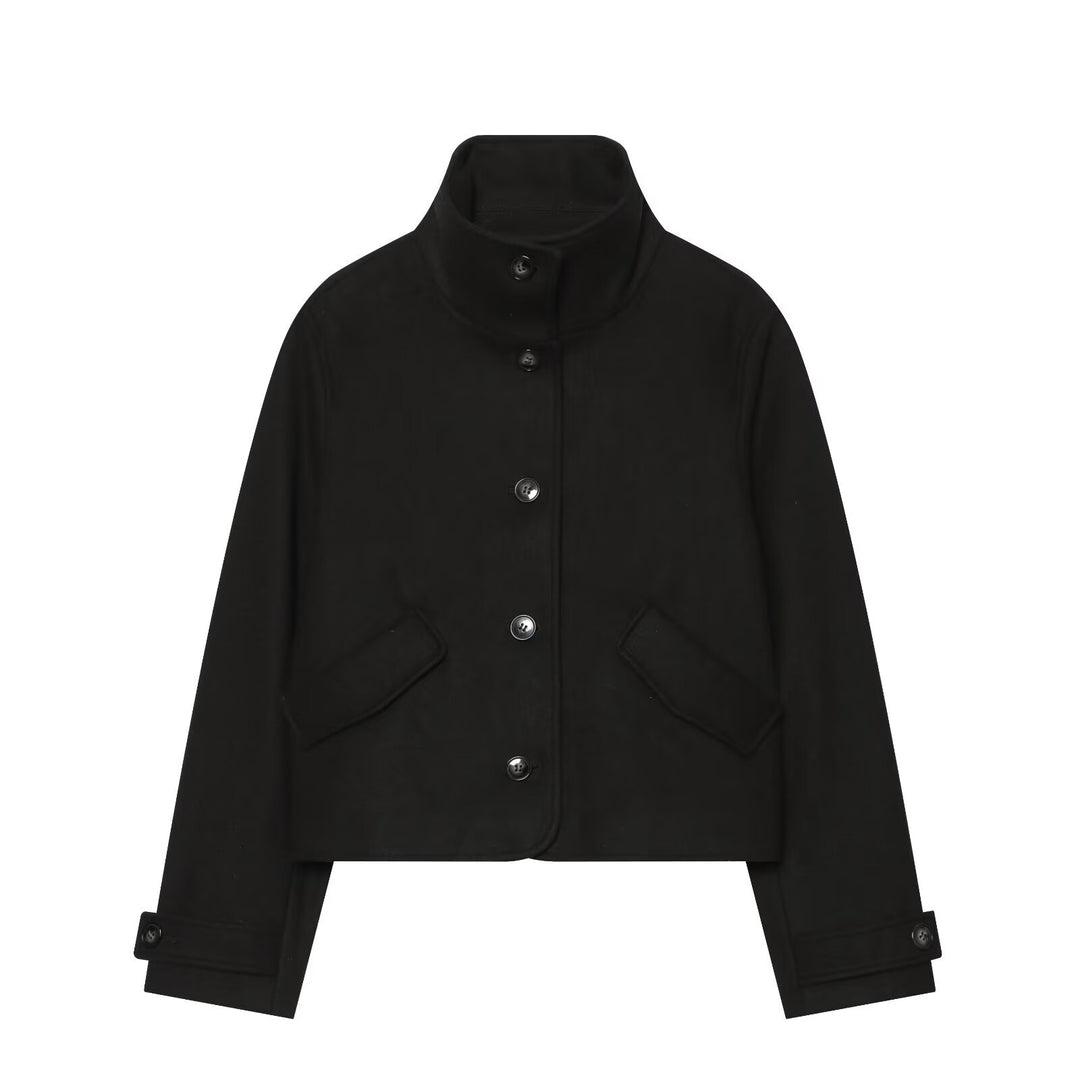 Women Cropped Boxy Jacket with High Stand-Up Collar, Button Placket and Flap Pockets