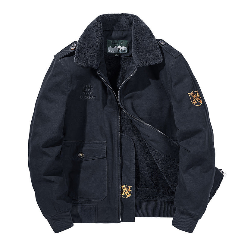 Men's bomber field jacket with continuous Sherpa lining, shoulder flaps, and concealed two-way zipper Mune Fashion