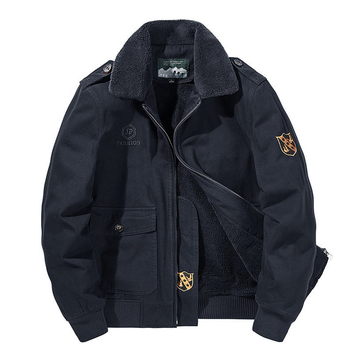 Men's bomber field jacket with continuous Sherpa lining, shoulder flaps, and concealed two-way zipper Mune Fashion