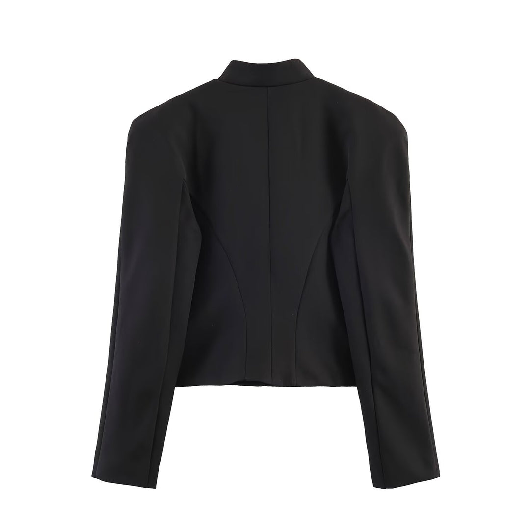Women Short-Cut Military Inspired Blazer with Stand Collar and Decorative Cord Front Mune Fashion