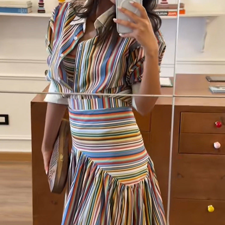 Women’s maxi dress with shirt collar, fitted waistband & layered tiered skirt Mune Fashion