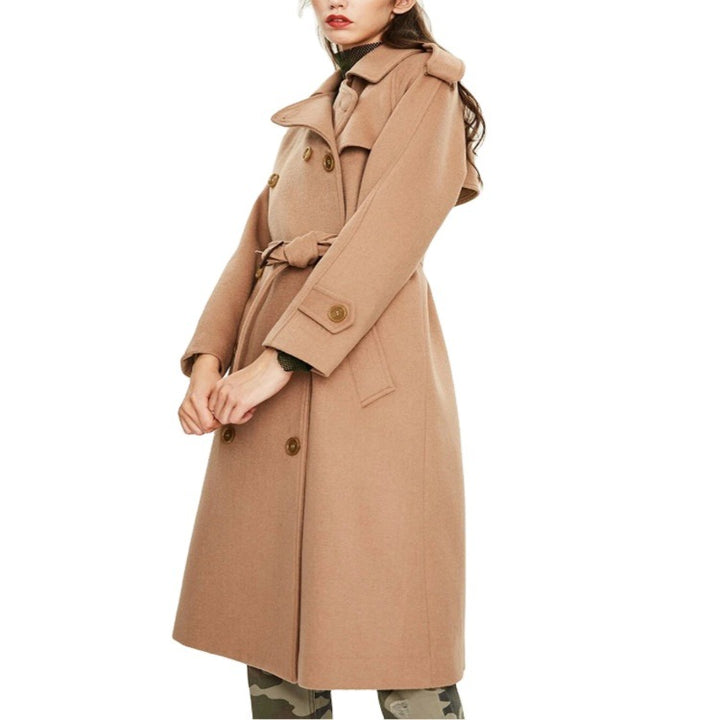 Women's Mid-Length Double-Breasted Wool Blend Trench Coat with Epaulettes and Belt Mune Fashion