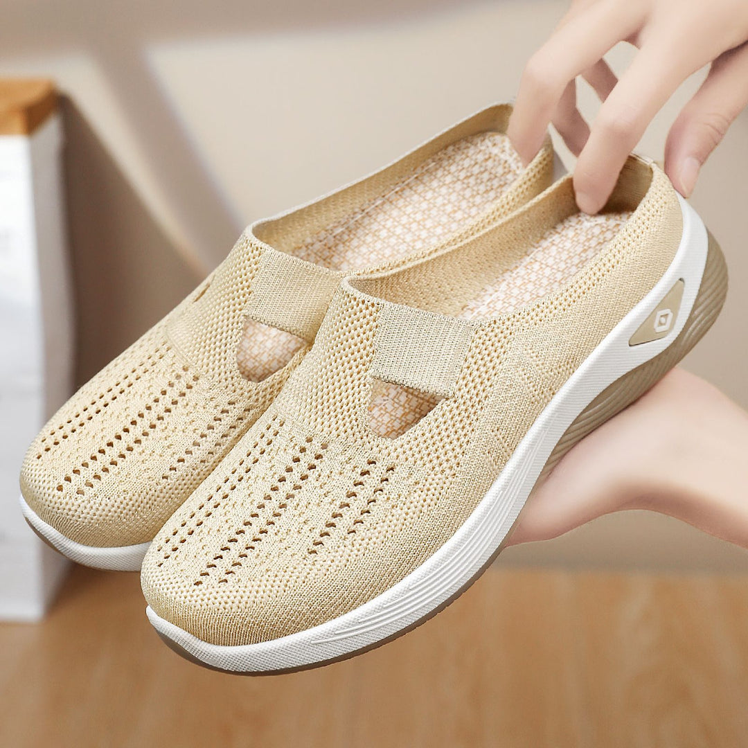 Ladies breathable knitted slip-on clog with side cut-out opening, cushioning EVA and PU midsole Mune Fashion
