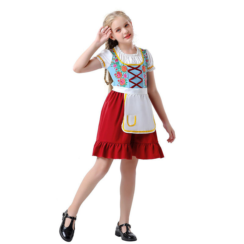 Women's nostalgic traditional costume dress with laced bodice, ruffled collar and removable apron Mune Fashion