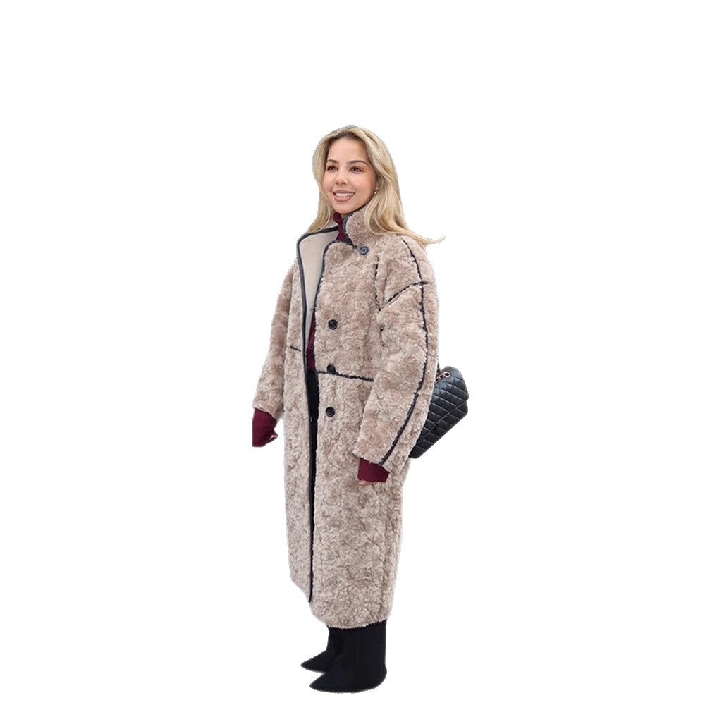 Women's Long Teddy Coat with Contrast Seams, Stand Collar and Button Placket Mune Fashion