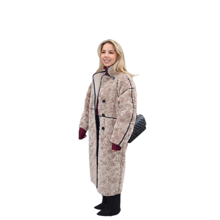 Women's Long Teddy Coat with Contrast Seams, Stand Collar and Button Placket Mune Fashion