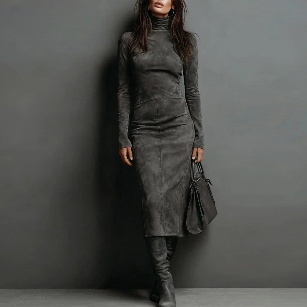 Women's Fitted Midi Dress in Velvet Look with Roll Neck and Tailored Silhouette Mune Fashion