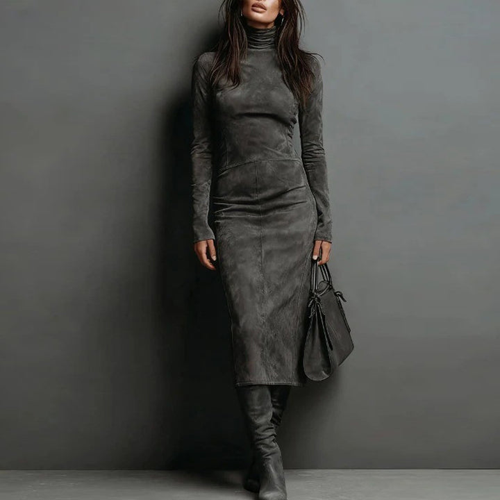 Women's Fitted Midi Dress in Velvet Look with Roll Neck and Tailored Silhouette Mune Fashion