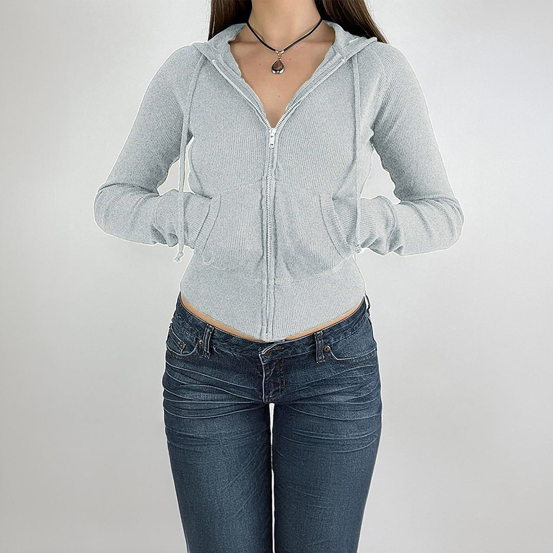 Women’s narrow cut fine knit hoodie jacket with metal zipper, kangaroo pockets and thumb hole cuffs Mune Fashion