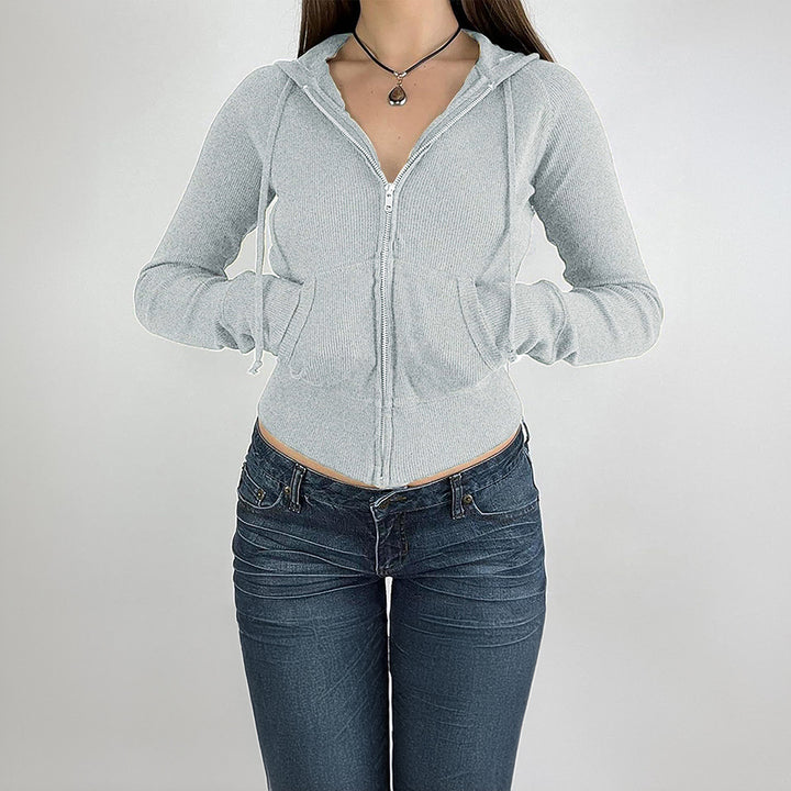 Women’s narrow cut fine knit hoodie jacket with metal zipper, kangaroo pockets and thumb hole cuffs Mune Fashion
