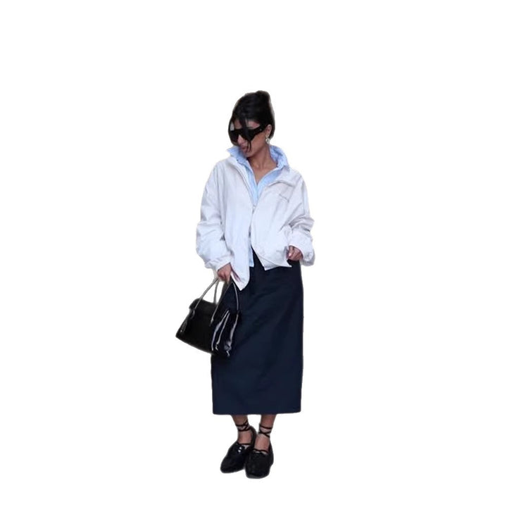 Women's Padded Boxy Jacket in Cropped Cut with Stand-up Collar and Concealed Fastening Placket Mune Fashion