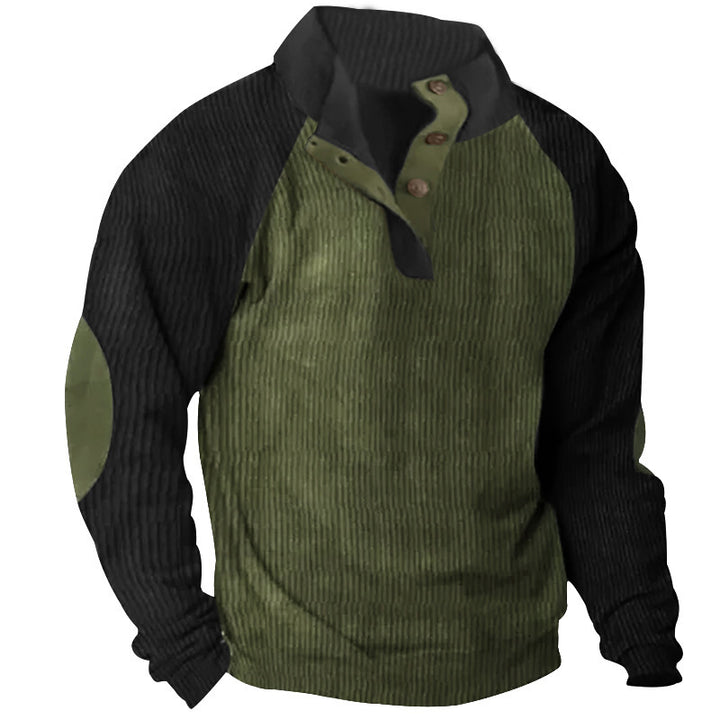 Men's Structured Raglan Henley Pullover with Stand Collar, Elbow Patches & Button Placket Mune Fashion