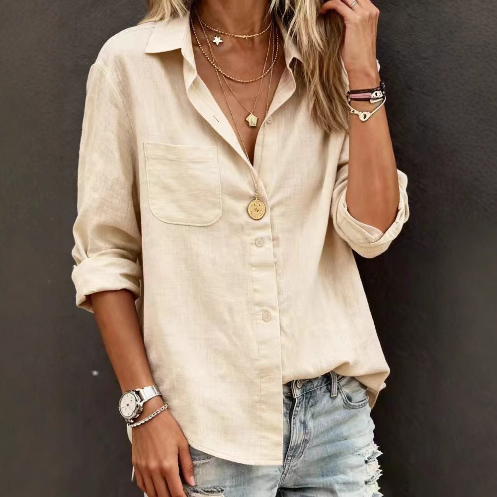 Ladies linen blouse with casual cut and practical breast pocket Mune Fashion