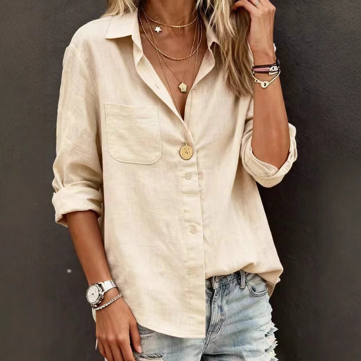 Ladies linen blouse with casual cut and practical breast pocket Mune Fashion