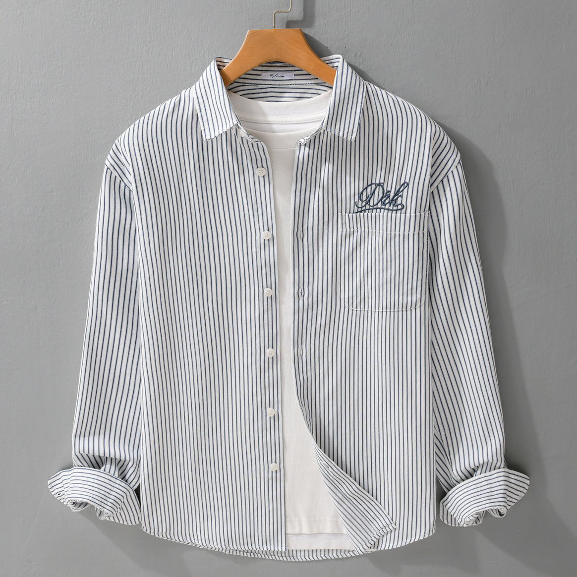 Men Striped Overshirt Shirt with Chest Pocket and Tonal Logo Embroidery Mune Fashion