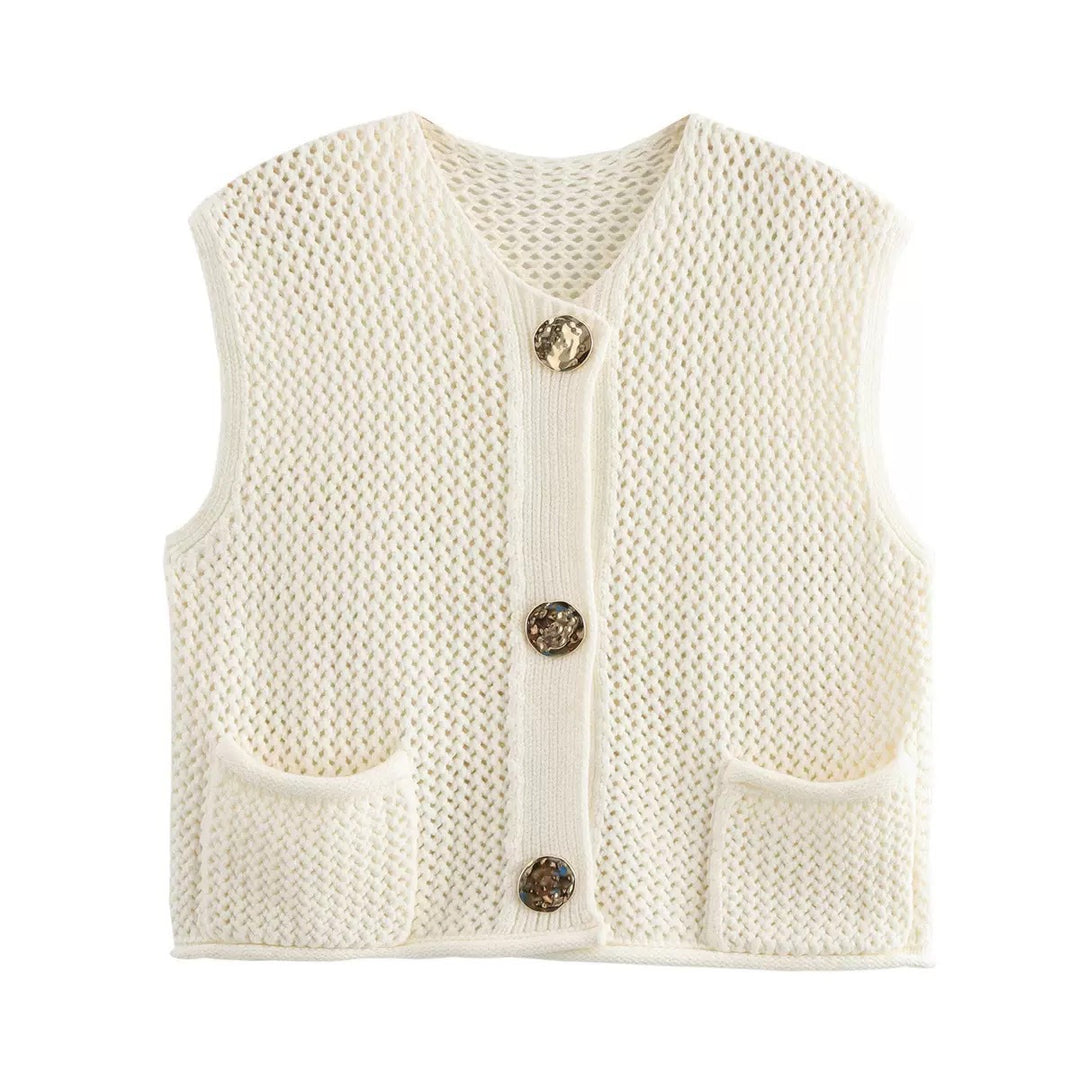 Women's crochet knit vest with large decorative buttons and patch pockets Mune Fashion