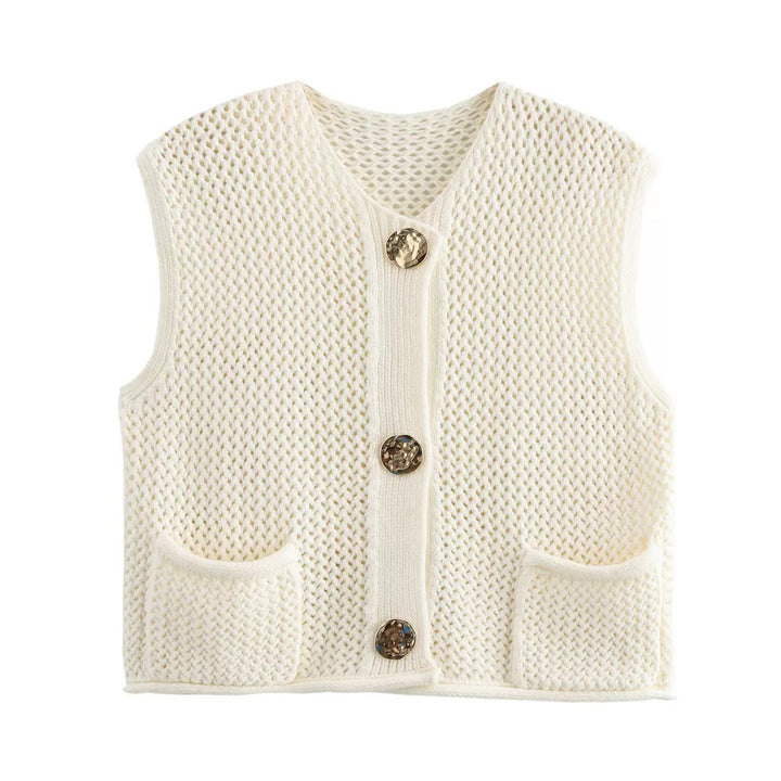 Women's crochet knit vest with large decorative buttons and patch pockets Mune Fashion