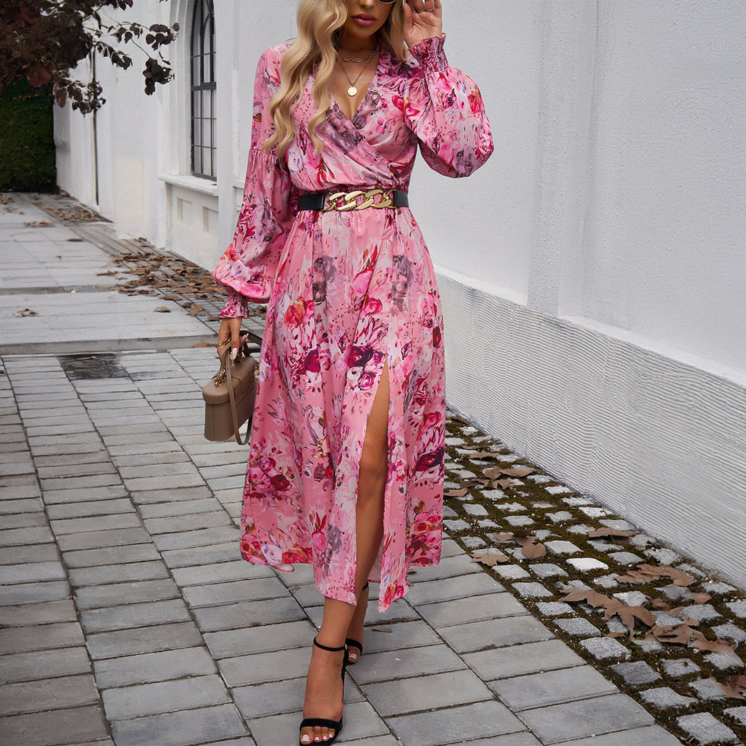 Ladies' wrap midi dress with V-neck, balloon sleeves, and flattering belt Mune Fashion