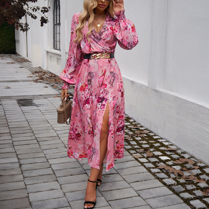 Ladies' wrap midi dress with V-neck, balloon sleeves, and flattering belt Mune Fashion