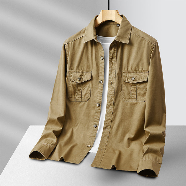 Men's Lightweight Cotton Utility Shirt Jacket with Flap Pockets and Full Button Placket Mune Fashion
