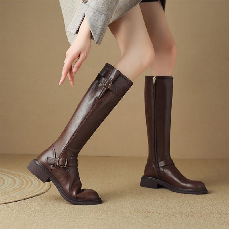Women's Knee-High Combat Boots with Smooth Leather Look, Side Zipper and Decorative Buckles Mune Fashion
