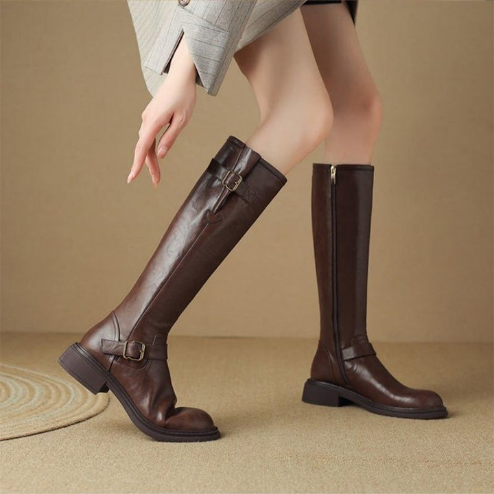 Women's Knee-High Combat Boots with Smooth Leather Look, Side Zipper and Decorative Buckles Mune Fashion