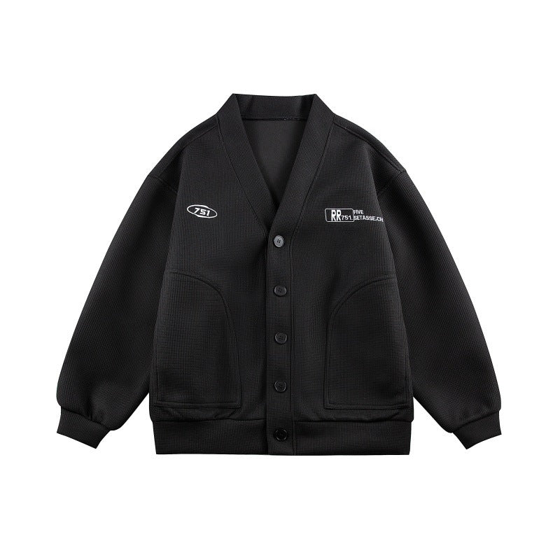 Unisex Boxy knit cardigan in waffle knit with V-neck, continuous button placket, and applied round pockets Mune Fashion