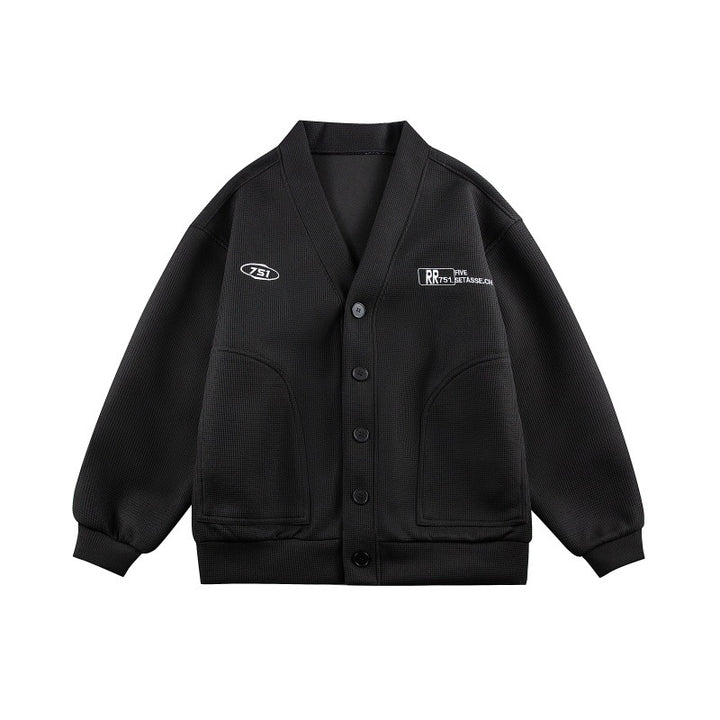 Unisex Boxy knit cardigan in waffle knit with V-neck, continuous button placket, and applied round pockets Mune Fashion