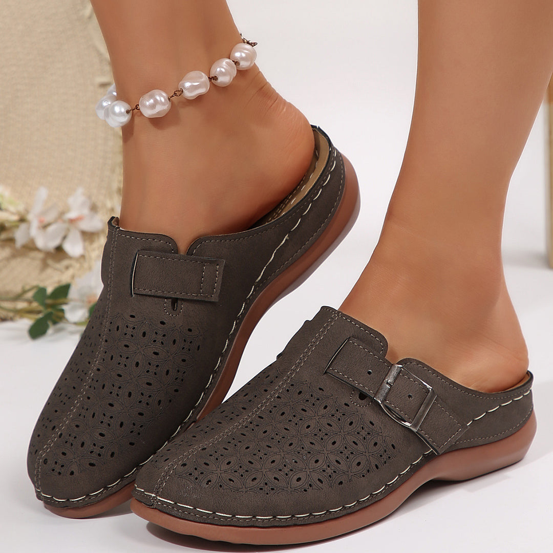 Ladies Perforated Comfort Mule with Adjustable Metal Buckle and Padded Footbed Mune Fashion