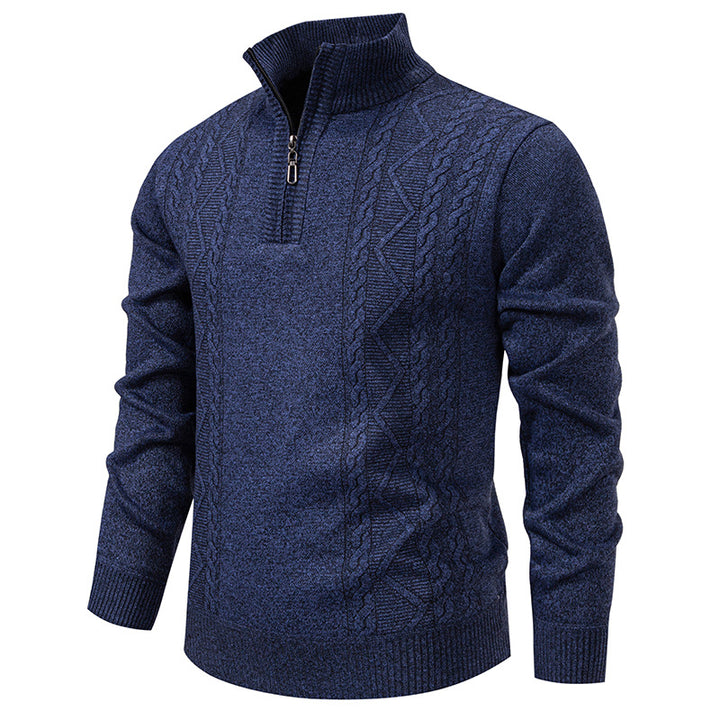 Men's premium knit pullover with half-zip, stand-up collar, and decorative cable pattern Mune Fashion