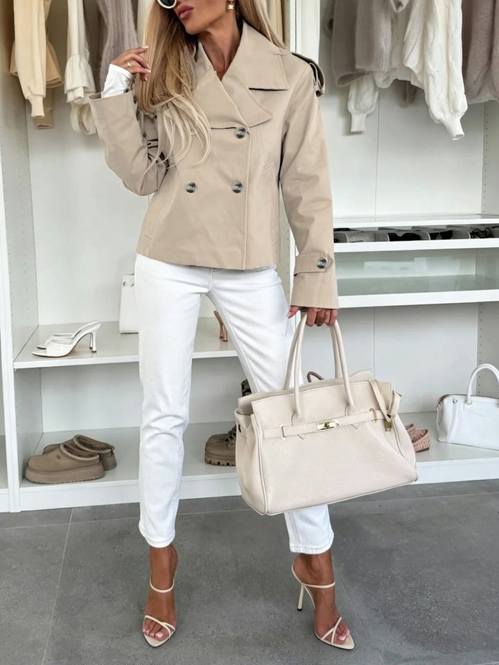 Women's Short-Cut Double-Breasted Trench Coat with Epaulettes Mune Fashion