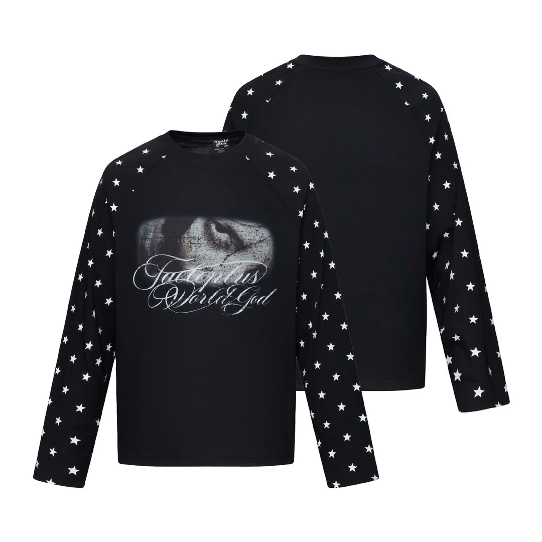 Unisex Long Sleeve Sweatshirt with Raglan Sleeves, Star Print Sleeves and Vintage Graphic Mune Fashion