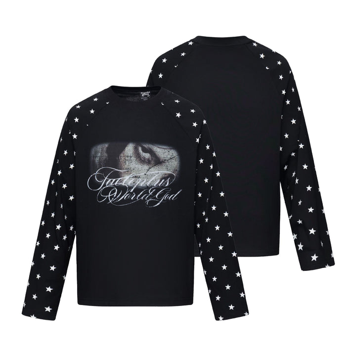 Unisex Long Sleeve Sweatshirt with Raglan Sleeves, Star Print Sleeves and Vintage Graphic Mune Fashion
